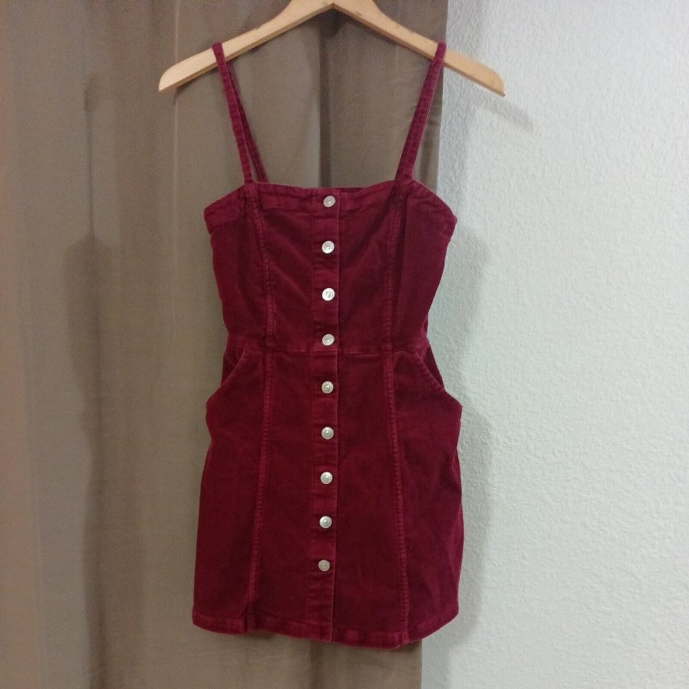Women's Divided H&M Maroon Corduroy Full Button Closure Dress With Pockets Sz 2